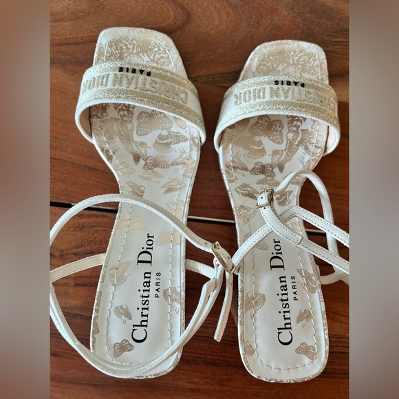Dior Dway Heeled Sandal White and Gold-Tone Gradient Butterflies Sz 37/us7 - Picture 11 of 14